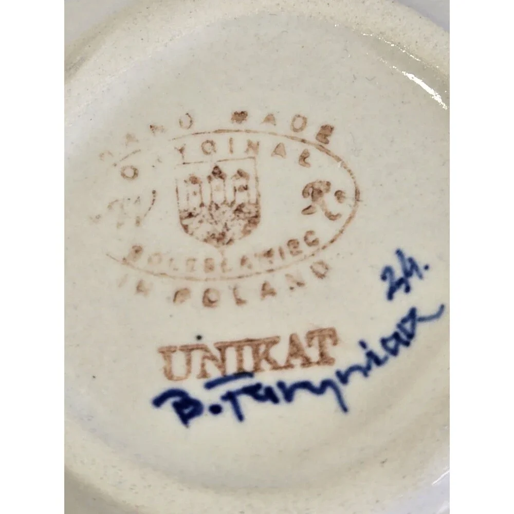Polish Pottery Boleslawiec UNIKAT Hand Painted Blue Floral Scalloped Bowl 5.5